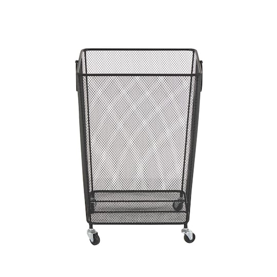 24" Black Metal Square Mesh Wire Rolling Laundry Storage Cart with Ring Handles
